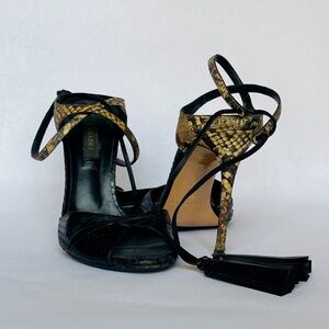CASADEI BLACK SNAKESKIN PEEP-TOE STRAPPY HEELS